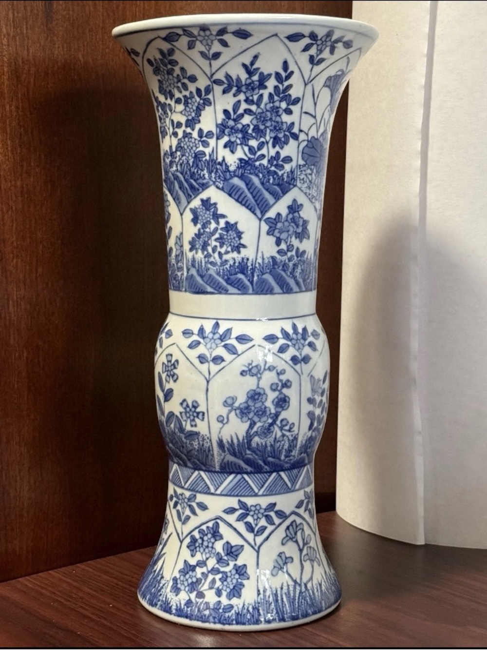 Andrea By Sadek Blue & White Floral Detail-Tall Narrow Vase 12” -Cottage Core